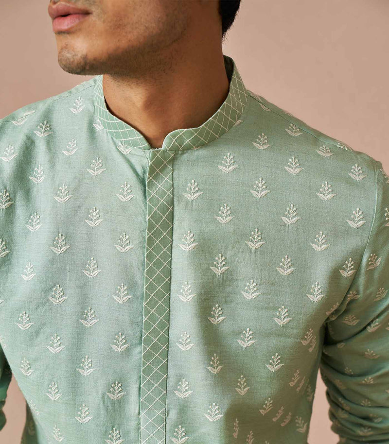 Green matka silk embroidered kurta set