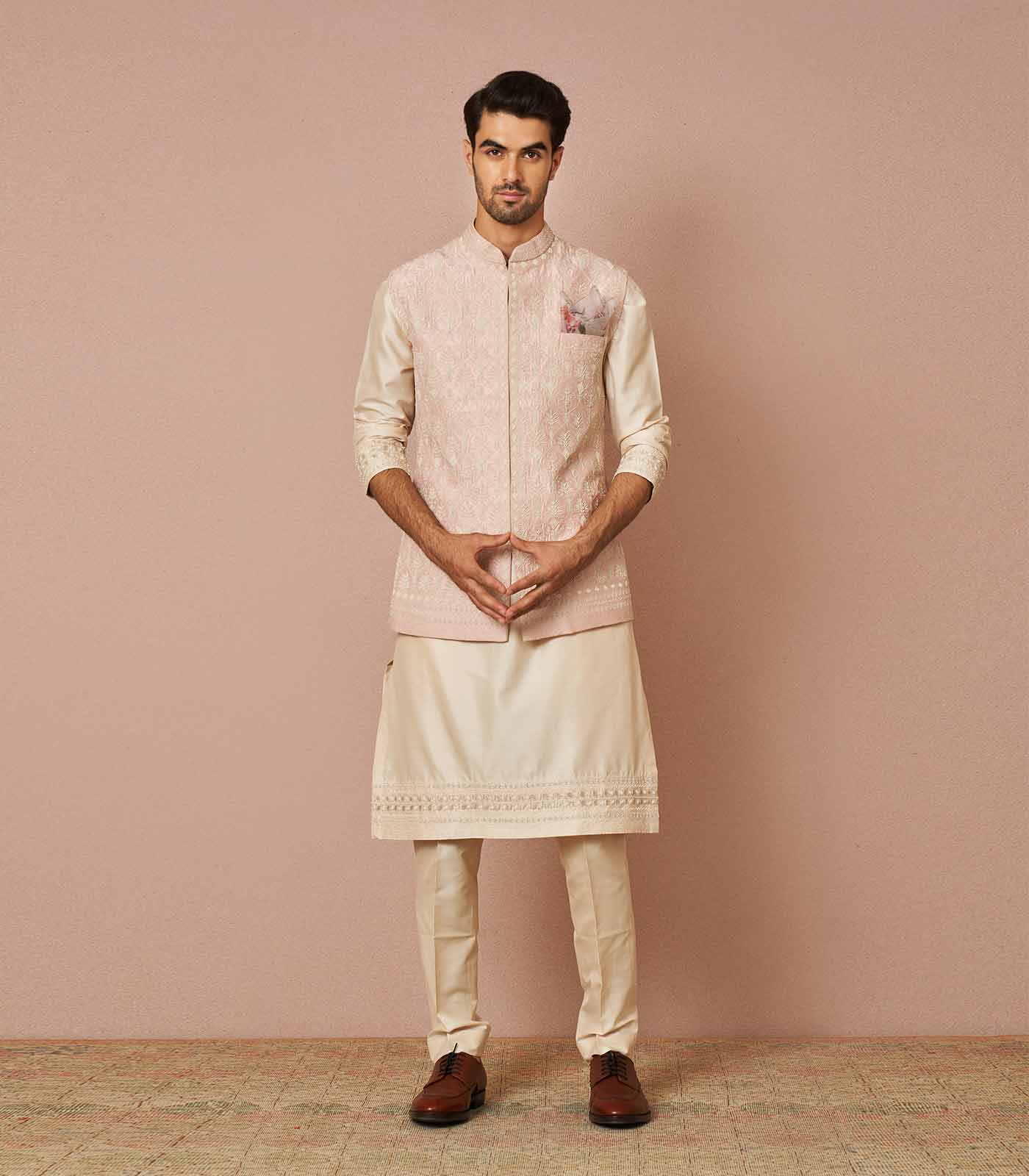 Baby pink rawsilk armaan pearl embroidered bandi set