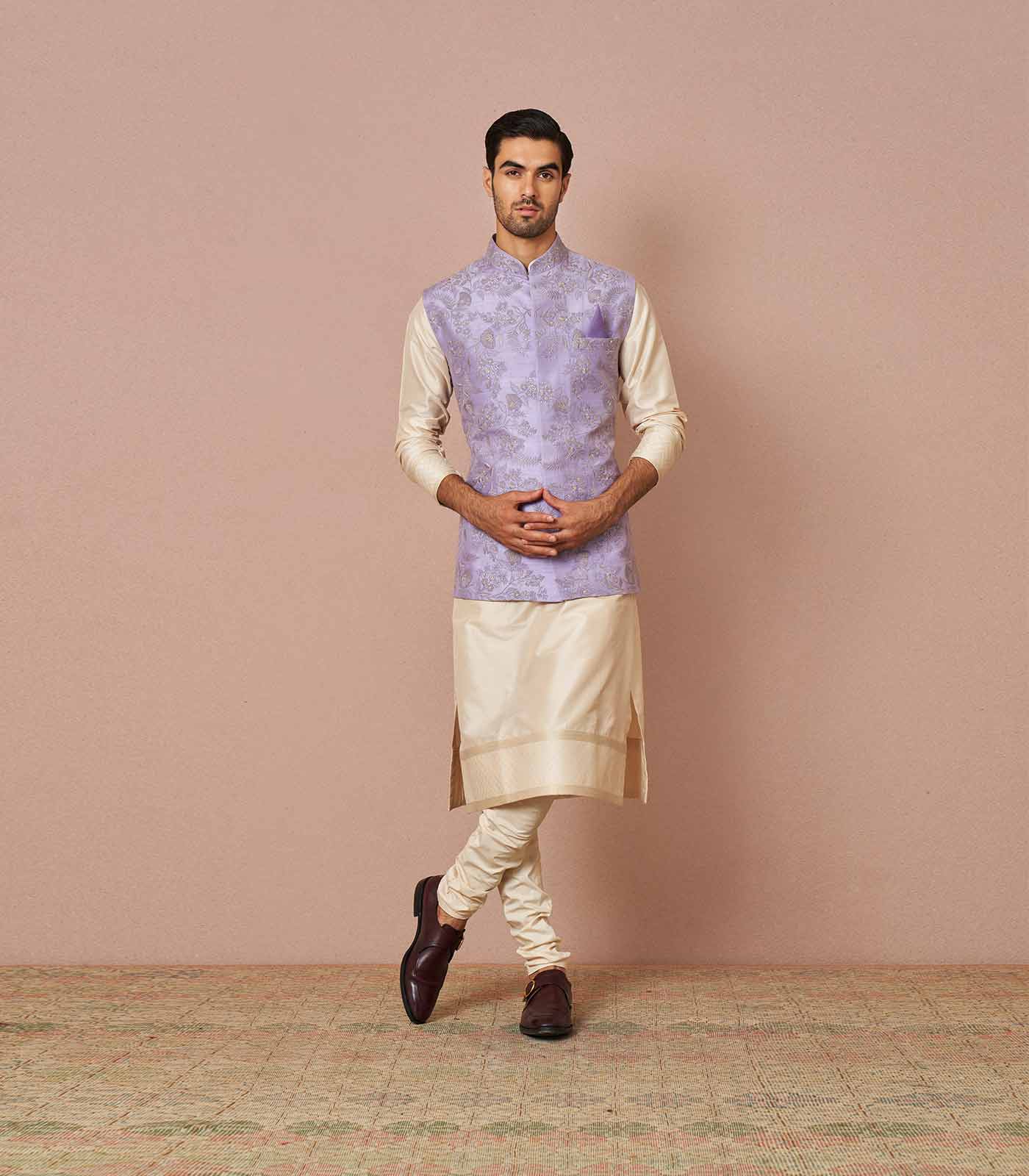 Lavendar rawsilk rue floral embroidered bandi set