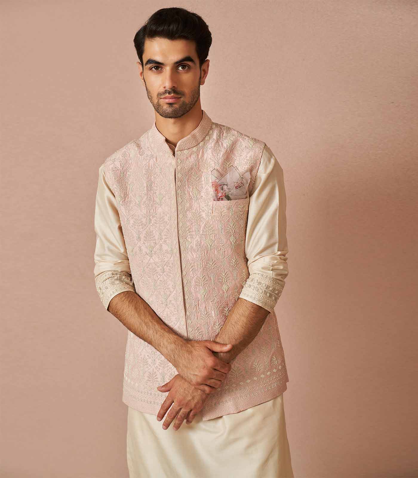 Baby pink rawsilk armaan pearl embroidered bandi set