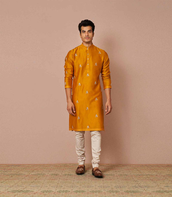 Mustard chanderi embroidered kurta set