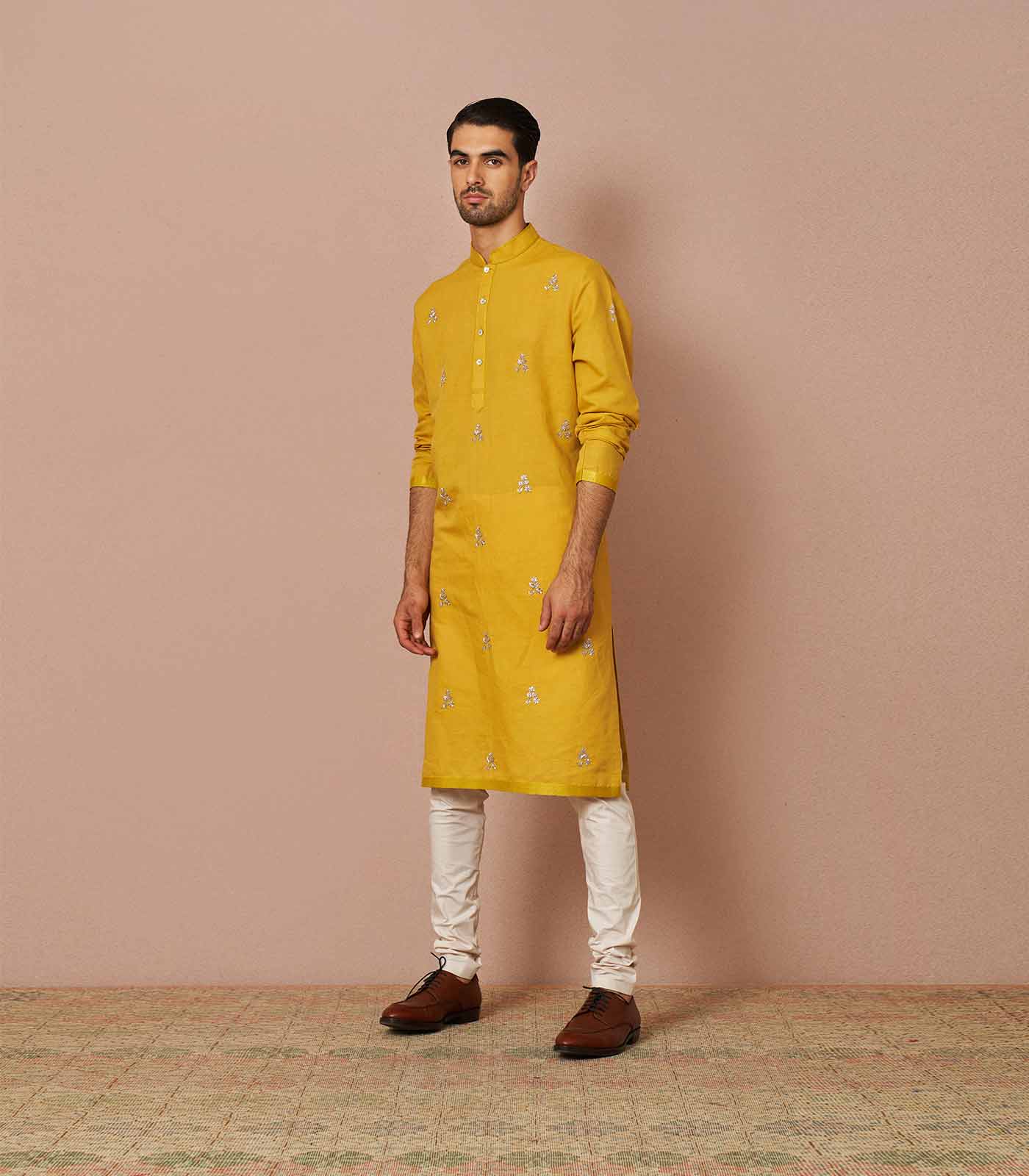 Mustard linen butti embroidered kurta set