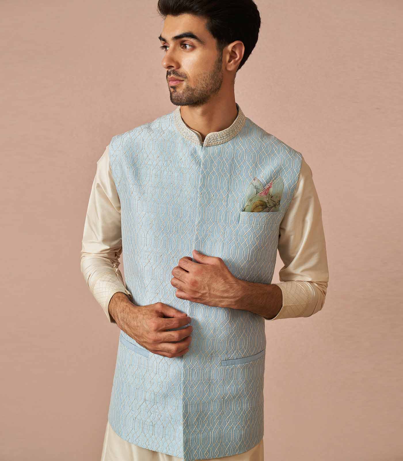 Pastel blue Adem embroidered bandi set
