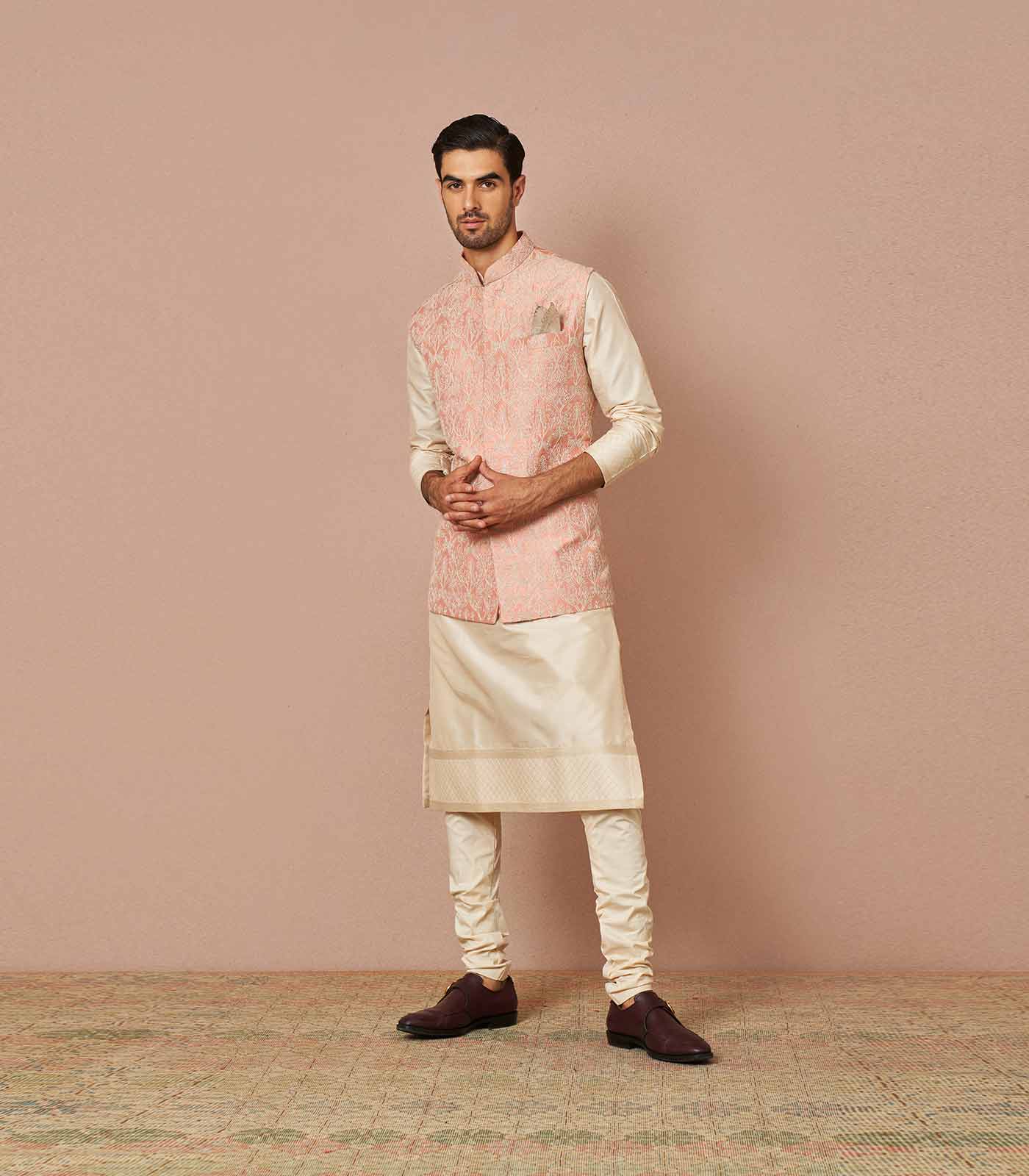 Pastel pink rawsilk armaan embroidered bandi set