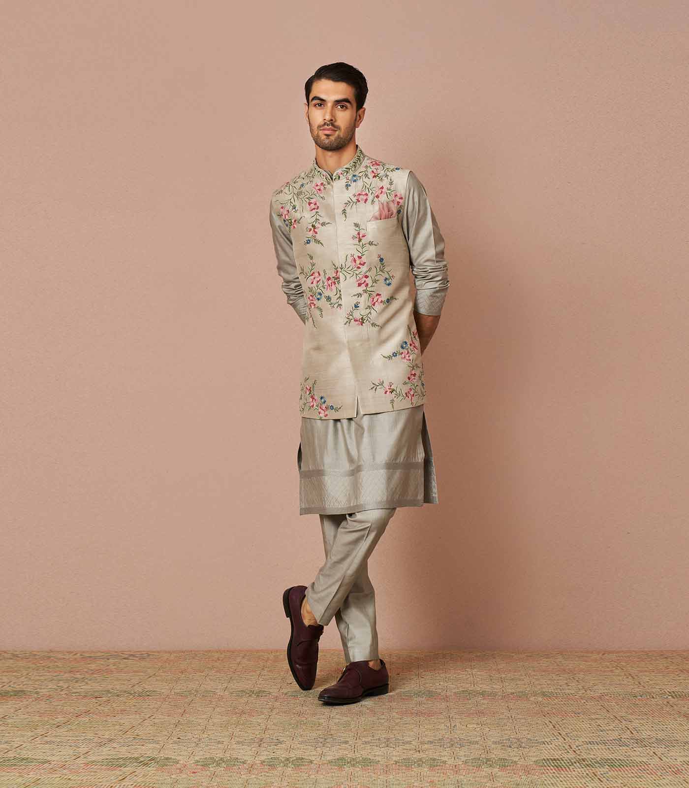 Grey rawsilk iris thread embroidered bandi kurta set
