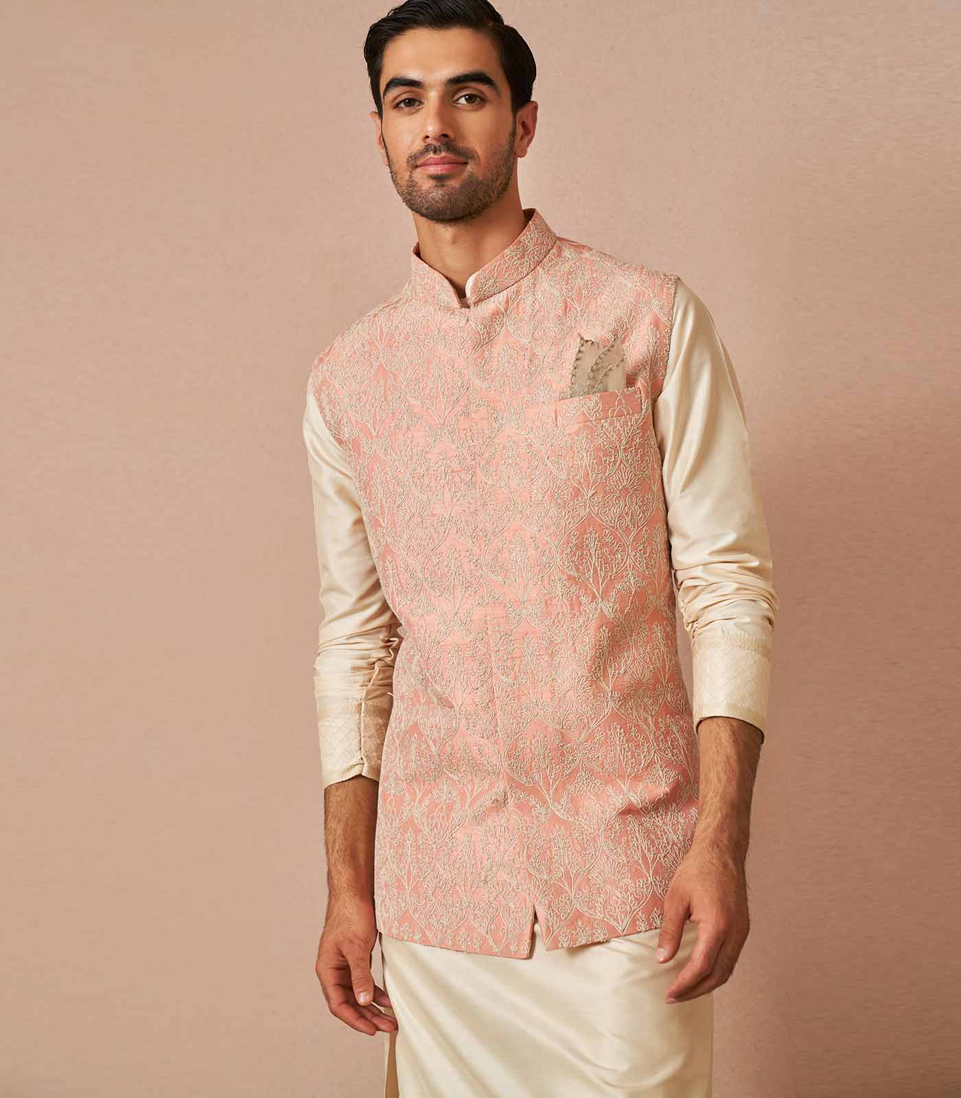 Pastel pink rawsilk armaan embroidered bandi set