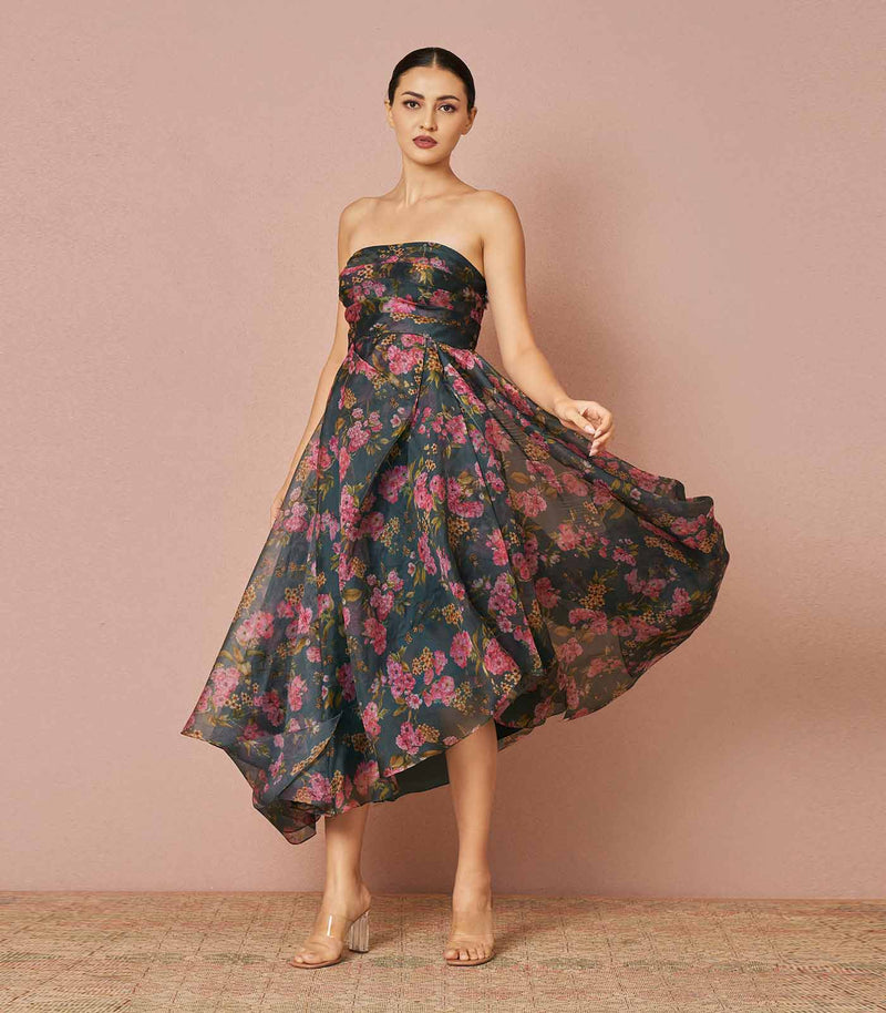 Moon flower mid night blue Draped corset dress