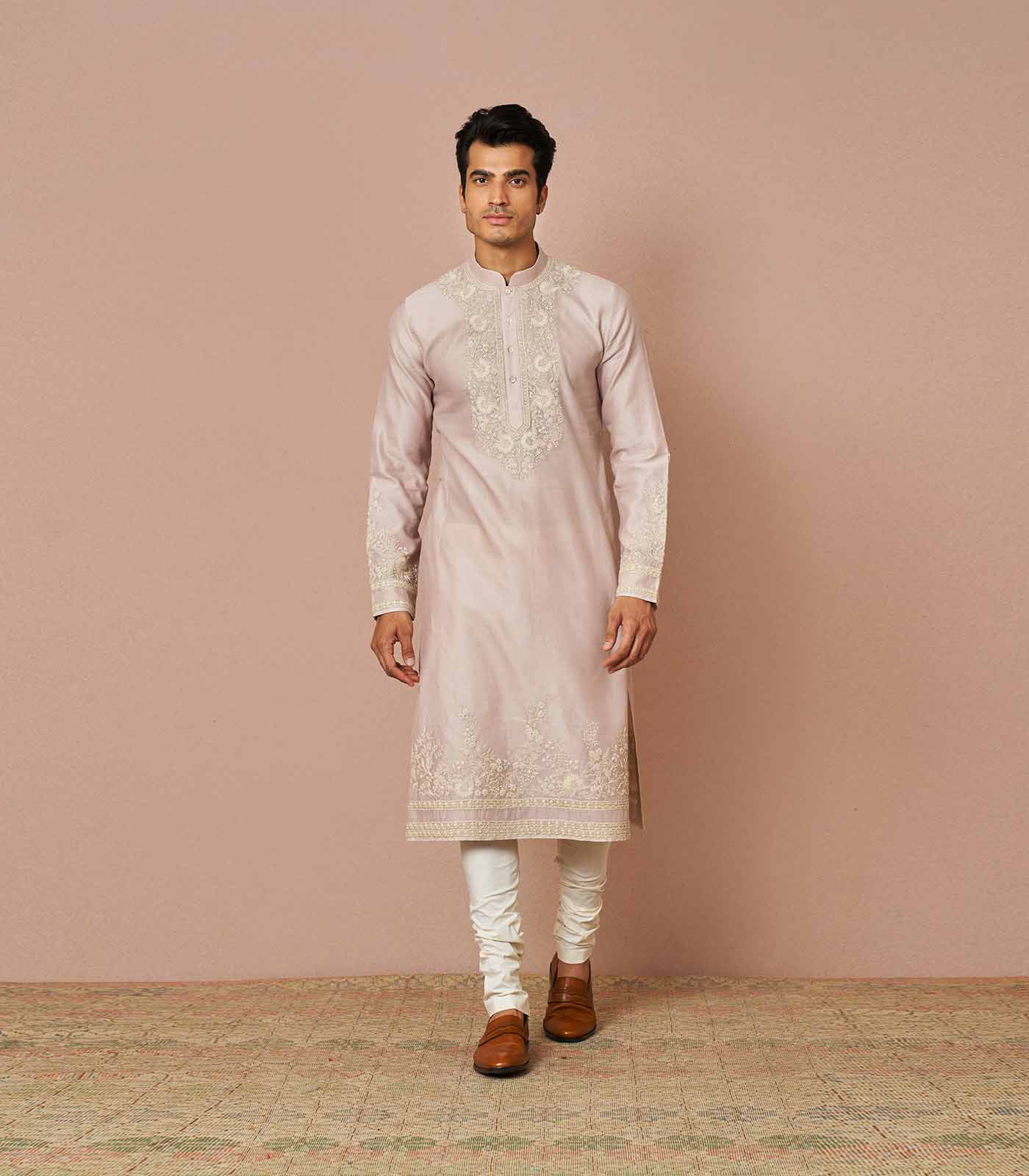 Pastel pink silk Nader kurta set