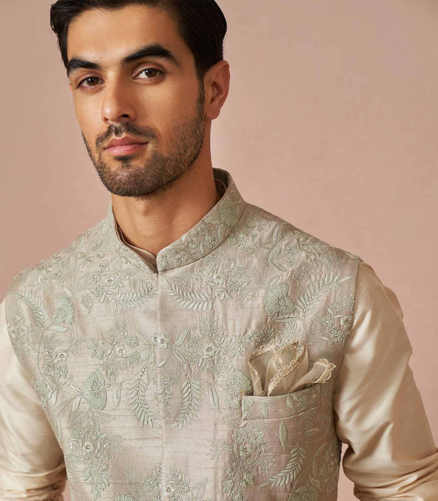 Pale blue rawsilk rue threadwork bandi set