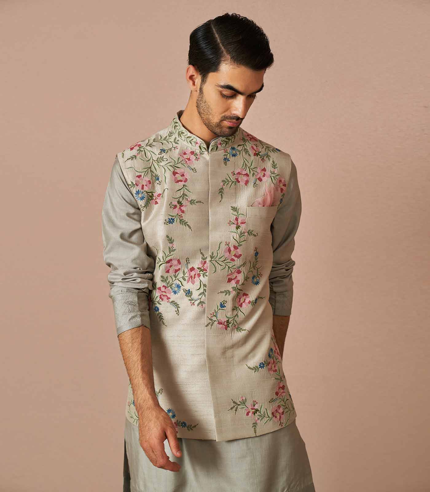 Grey rawsilk iris thread embroidered bandi kurta set